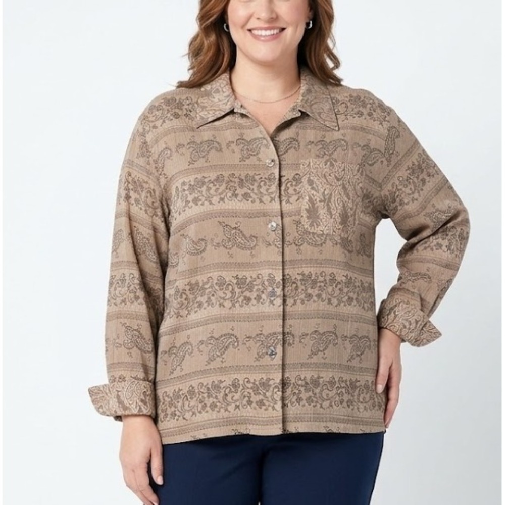 Vintage Carole Little size 12 Brown Abstract Soft Long Sleeve‎ Relaxed Button Up